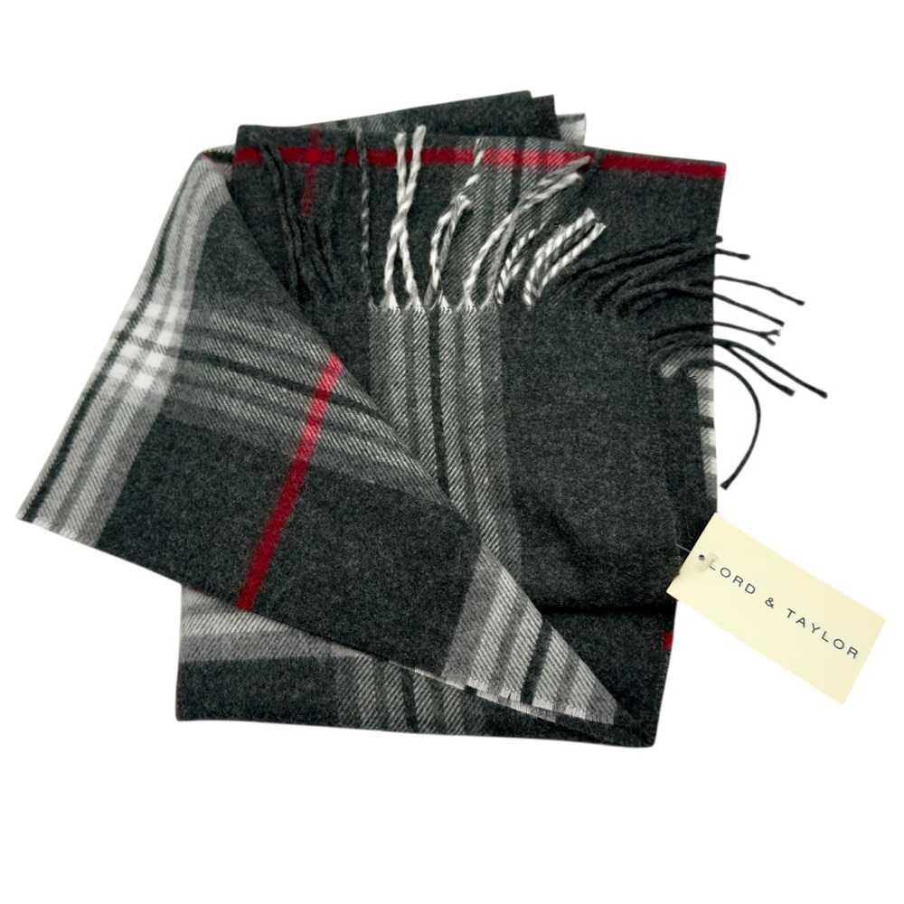 Lord & Taylor Cashmink Plaid Scarf NWT Unisex Charcoal Red White Exploded Plaid